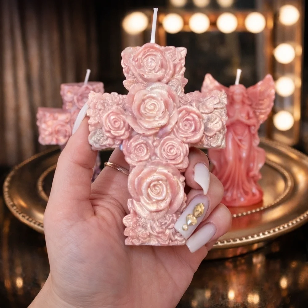 3pc Pink Shimmer Beeswax Devotional Candle Set – Cross, Virgen & Angel (7oz)